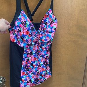 A Shore Fit black tankini with floral print